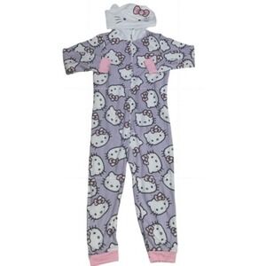 Sanrio Hello Kitty Girls Purple Fleece Hooded One Piece Pajama Union Suit M 7/8